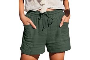 Hsternexy Shorts Damen Sommer Leinen Musselin Kurze Hose Beach Shorts Mit Taschen Mode Lässige Stoffhose Freizeit Shorts Elastische Taille Stretch Gerades Bein Sport Shorts mit Kordelzug Leinenhose