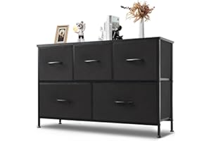 ‎DUMOS DUMOS Kommode mit Schubladen - Kommoden & Sideboards für Schlafzimmer Geeignet, Komodenschrank mit 5 Schubladen, Stoffkommode mit Stabilem Stahlrahmen, Ideal für Schlafzimmer, Wohnzimmer (Schwarz)