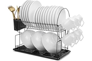 AwmnSrman Scolapiatti da Appoggio per Lavello Due Livelli in Acciaio Inossidabile Con Cestino Per Le Posate, Portabicchieri, Vassoio per il Gocciolamento Rapido Nero