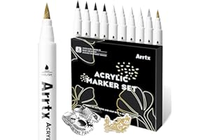 ‎ARRTX Arrtx Metaliczne pisaki akrylowe z dodatkową końcówką pędzelkową, do tkanin, skał, drewna, szkła, płótna, ceramiki, na bazie wody, do rękodzieła DIY, 10 szt., 4 białe, 4 czarne, 1 złoty i 1 srebrny