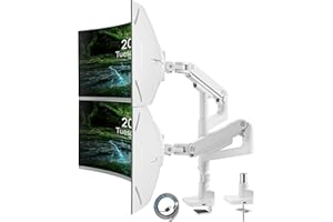 ARES WING Soporte Monitor Double para Pantalla Plana y Curvada de 17"-49", Brazo Monitor Doble de Gas con Altura Regulable con inclinaciones, 20 kg/Brazo, con USB A/C Port, VESA 75&100mm,Blanco