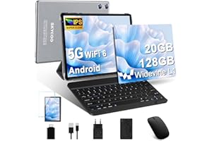 SKYEGG Tablette Android 14 avec 5G Wi-Fi 6, 20 GO RAM+128 GO ROM (Extensible Jusqu'à 1 To), Tablette Tactile avec Widevine L1, 8 Cœurs, 5MP+8MP, Tablette 10 Pouces avec Clavier+Souris et Cas, Gris Espace