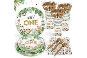 Heboland Wild One Geburtstag Deko Partygeschirr Set für 25 Gäste, Junge 1 Jahr Safari Dschungel Party Papier Teller Becher Servietten Strohhalme Wild One Partyzubehör Set