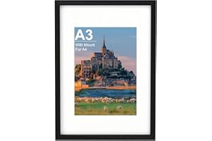 ZREOLITY A3 Picture Frame, Black Wooden A3 Photo Frame 42 x 29.7 cm with A4 Mount, Poster Frame for Certificates and Artwork, Wall Mount Horizontal or Vertical