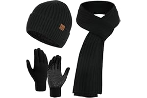 Joligiao Winter Beanie Hat Scarf Gloves Touch Screen Men Sets Soft Knitted Skull Cap Warmer Neck Thermal Gloves Outdoor Sports Unisex 3 Pieces