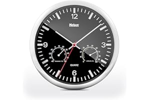 MEBUS Quarz-Wanduhr mit Thermometer und Hygrometer/silberner Rahmen/schwarzes Zifferblatt / 25cm Durchmesser/Rund/Modell: 56731 / Farbe: Silber, Schwarz