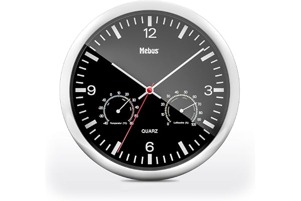 MEBUS Quarz-Wanduhr mit Thermometer und Hygrometer/silberner Rahmen/schwarzes Zifferblatt / 25cm Durchmesser/Rund/Modell: 56731 / Farbe: Silber, Schwarz