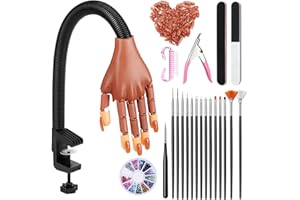 Deciniee Mano para Practicar Uñas - Mano De Práctica Para Diseño De Uñas – Mano Flexible De Práctica De Uñas Con 100 Puntas De Uñas/15PCS Set de Nail Art Cepillo/Archivo De Uñas – Manicura De Uñas