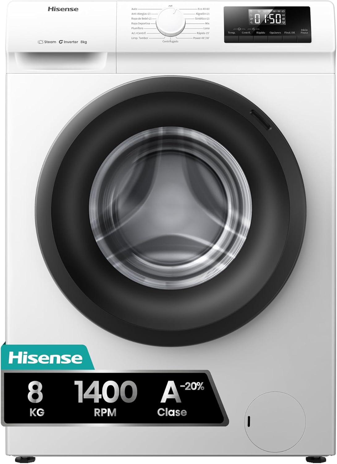 Hisense WF1Q8041BW2 - Lavadora, Clase A, 8 Kg, 1400 rpm, Alto 85 cm x Ancho 60 cm, Color Blanco, Función Vapor 99,9%, Lavado Rápido+, Lavado Automático, Finalización Diferida, Tecnología Inverter