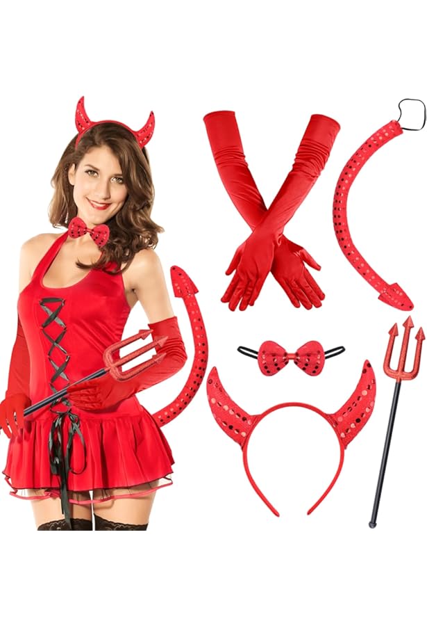 Costume Diable Noir Pour Halloween - Inclut Ailes, Bandeau Cornes, Gants, Collier, Tatouages - Taille Unique - Cosplay Effrayant Et Mignon