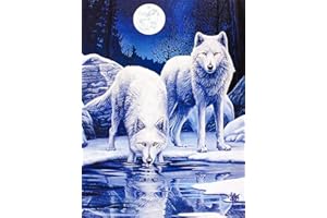 POENOEN Bianco Lupo Diamond Painting Kit per Casa Decorazioni Luna DIY 5D Completo Pittura Diamante Kit per Adulte Bambini Pietra Rotonda Diamond Art per Natale 30x40cm