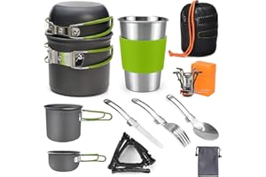 FUNINGEEK Kit Casserole Camping, Aluminium Casserole Randonnee 9 pièces, avec Réchaud de Camping Portable Ultraléger, pour Camping Pique-Nique,BBQ, Randonnée, Pédestre