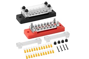 GUNGY Blocco di Distribuzione Alimentazione 12V-48V DC Busbar 150A Morsettiera di Alimentazione 2 Vie con 12 x M4 Terminale a Bolts per Auto Camion Barca Rosso e Nero 2 Pezzi