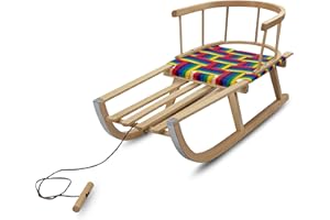 Prime Garden® PINNO COMODO - Slitta in legno per bambini, slitta con schienale, corda di trazione, manico in legno