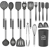 Silicone Cooking Utensil Set, AILUKI Kitchen Utensils 14 Pcs Cooking Utensils Set,Non-Stick Heat Resistant Silicone,Cookware with Stainless Steel Handle - Grey