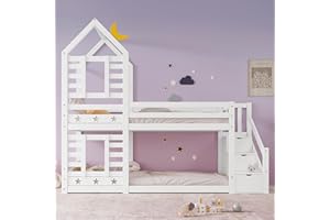 RACXILY Letto per bambini con cassetto e protezione anticaduta 90 x 200 cm, letto a castello per bambini per bambini - 2x rete a doghe - bianco