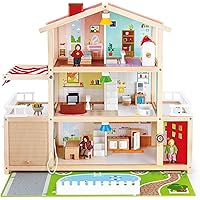 Jouet Hape Maison de Poupée en Bois - Famille de 4 Poupées Inclues avec 10 Pièces en Bois avec Lampes Amovibles et Sonnette -