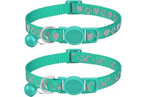 Joytale Collar Gato Reflectante, Collares para Mascotas con Cascabel y Hebilla de Seguridad de Liberación Rápida, Tamaño Ajustable 23-33 cm, 2 Piezas, Turquesa