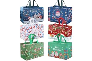 DOJoykey Christmas Tote Bags, 6 Pack Gift Bags with Handle Reusable Festive Grocery Shopping Bags for Christmas Party