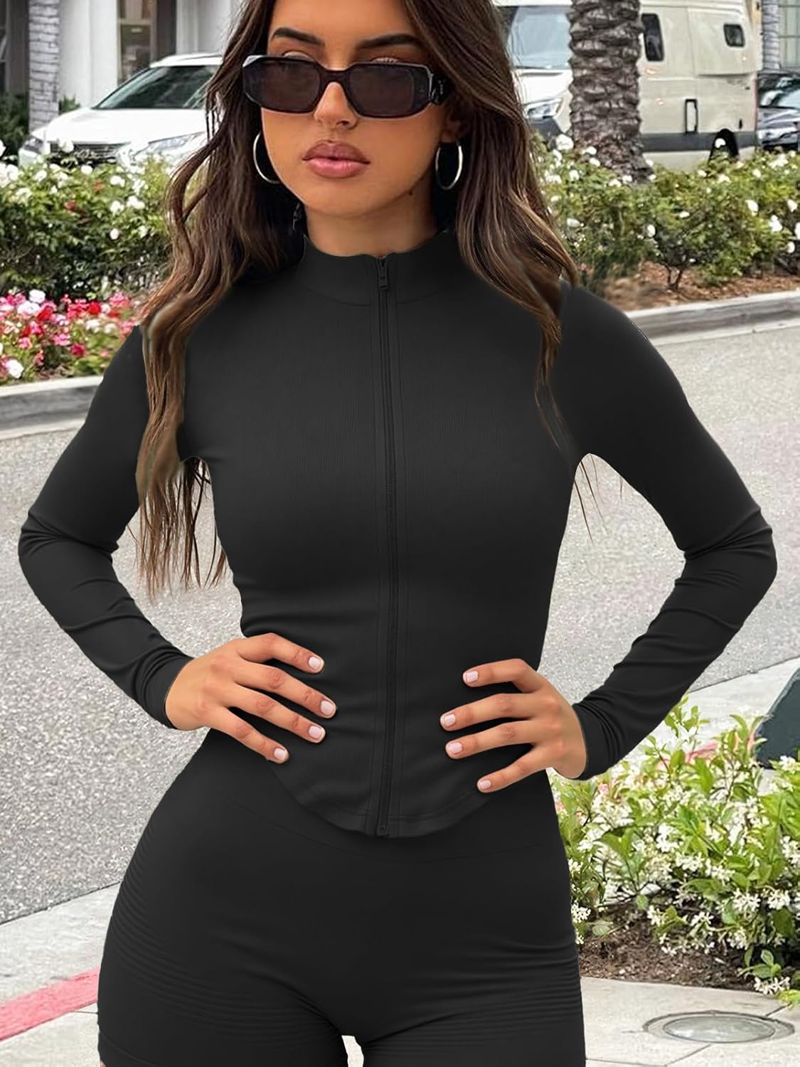 Chaqueta de entrenamiento para mujer, camiseta deportiva de manga larga con cremallera y diseño de agujero para el pulgar, ajuste delgado, atlética para gimnasio y yoga