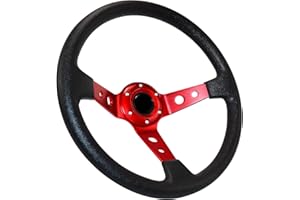 Acclcors Volante universal de carreras, volante de coche, volante de 13,6 pulgadas, 6tornillos, agarre de vinilo, piel profunda, con botón de cuerno para carreras/automovilismo/conducción (rojo)