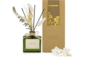 Saussavita Reed Diffuser, 180 ml Jasmine Lily Scented Diffuser with Dried Flowers & 7 Sticks, 120 Days Long Lasting Home Fragrance for Bathroom Bedroom Home & Office Decor, Air Freshener