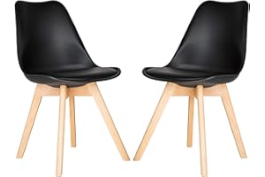 D&S Padded Chair Plastic Wood Retro Dining Chairs White Black Grey Red Yellow Blue (Black, 2)