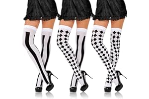 QTUN 3 Pairs Halloween Thigh High Long Stockings Harlequin Tights Black White Striped Thigh High Sock Clown Socks Checkerboard Cosplay Stockings for Girls