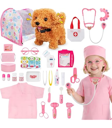 Kit Docteur Vétérinaire Enfant 18 Pièces - Avec Chien Peluche Interactif, Sac, Stéthoscope, Idéal Cadeau