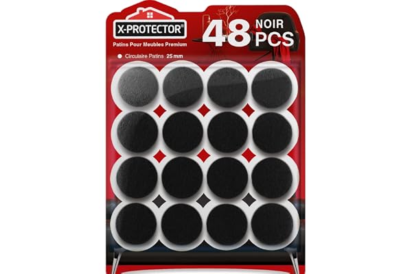 Patins en Feutre Auto-Adhésifs 48 PCS 25 mm X-Protector - Patins pour Meubles Noir - Patin Meuble Premium - Patin Feutre Autocollant - Patins Glisseurs pour Meubles - Protégez Vos Sols!