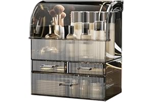 Suyoo Makeup Storage Organiser, XL Large Acrylic Cosmetics Organizer Skincare Display Case with Drawers and Waterproof Cover for Countertop, Bathroom, Dresser(Black-XL)