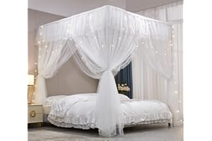 HUOQOU Baldaquin Princesse avec Volants Ciel de Lit Rectangulaire à 4 Ouvertures Moustiquaire Double Couche pour Chambre de Fille Décoration Romantique Doux et Respirant (Blanc, 1,5W x 2l x 2,1H(m))