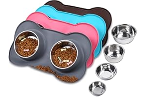 VIVAGLORY Hundenapf Fressnapf Lebensmittel Wassernapf Edelstahl Doppel Napf mit Nicht Kleckern Rutschfesten Silikon Tablett Matte, Grau, Extra groß