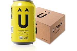 NuWave Alcohol-Free Lager | 6 Pack + Mood-Enhancing Botanicals - 0.5% abv, 53 Calories, Vegan & Gluten Free | Non Alcoholic Beers | 330ml Cans