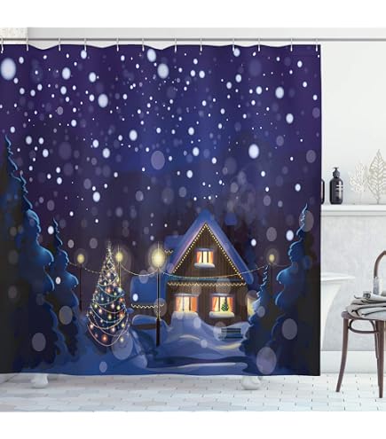 Tenda Da Doccia Natalizia 180x220 Cm – Paesaggio Invernale Con Albero E Pupazzo Di Neve – Grigio - 2