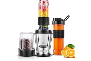 HOUSNAT Batidora de vaso individual 3 en 1, Batidora Smoothie Multifunción con molinillo de café 280ml y 2 Portátil Botellas 