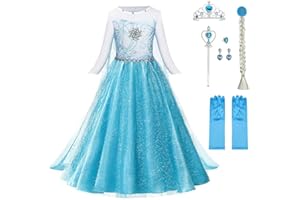 URAQT Sukienka Elsa, Kostium księżniczki Elsy z koroną księżniczki Akcesoria do magicznej różdżki, Przebranie księżniczki dla dziewczynek, Błyszcząca luksusowa sukienka na imprezę/Cosplay