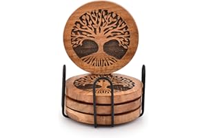 Kimona Coasters Set of 4 Handmade Round Wooden Tree of Life Coasters for Drinks with Iron Holder for Any Table Type for Bar Kitchen Home Apartment (10.16cm x 10.16cm x 1.27cm)