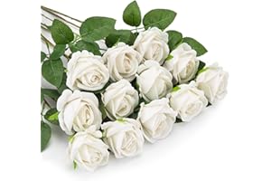 OWLKELA 12 Flores Artificiales de Rosas Blancas, Flores de Tallo Largo Único, Flores Decorativas Realistas para Bodas, Jardín, Decoración de Fiesta de Cumpleaños de Fiestas Familiares (Blanco)