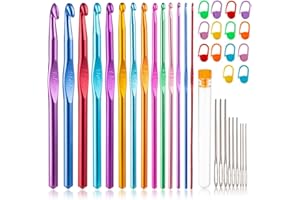 Tiiduo Crochet Hooks Set, 37 PC Colored Aluminum, Ergonomic Handle, with Stitch Markers and Large-Eye Blunt Needles, Sizes 2.0mm-10.0mm