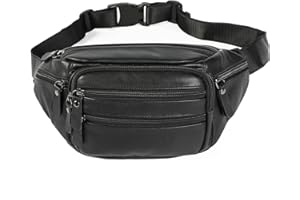 OrrinSports Leather Fanny Pack for Men-Genuine Waist Bag for Daily Hiking Travel Running Black