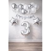 Gumus Konsept Dogum Gunu Kutlama Seti Beyaz Gumus Konfetili Balon Rakam Yıldız Folyo ve Banner (3 Yaş)
