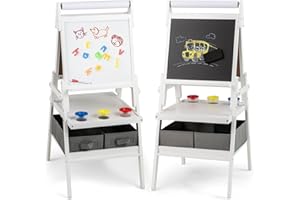 ‎COSTWAY COSTWAY 3-in-1 Tafel Kinder, doppelseitige Kindertafel mit Papierrolle & magnetischer Kreidetafel & Whiteboard, inkl. 3 Farbbechern & 2 Boxen, Staffelei für Kinder ab 3 Jahren (Weiß)