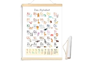 PLUSHCEWT Poster ABC pour enfants 30 x 40 cm – Poster éducatif de l'alphabet avec illustrations d'animaux et chiffres 1 à 10 – Enroulable avec cordon de chanvre pour chambre d'enfant, maternelle, préscolaire