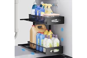 Zaxiva Organizzatore in metallo a 2 ripiani estraiibile sotto il lavandino, regolabile in altezza per cucina, bagno, armadio, 1 pezzo, nero