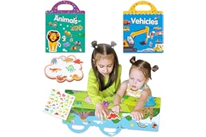 TOYVII Reusable Sticker Books for Toddlers, Plane Activities for Toddler Sticker Books 1-2 Years 2 Pack(Animals Vehicles)