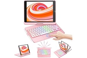 CC Store Teclado para iPad 9 Generacion,Teclado Español Ñ Bluetooth de Carcasa Rígida Giratoria 360° con Touchpad y 7 Colores de Retroiluminación para iPad 10.2" 9ª/8ª/7ª Gen, Rose
