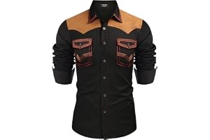 COOFANDY Herr Western cowboy skjorta broderad långärmad smal passform vardaglig bomull button down hippie skjortor med fickor