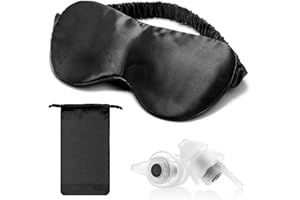 Hearprotek Máscara de seda para dormir,100% Mulberry Máscara de ojos de seda para duermen mujeres/hombres, con tapones para los oídos y una bolsa de viaje de satén(Negro)