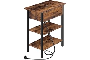 HOOBRO Stolik pomocniczy, rozkładany stolik do sofy ze stacją ładującą i półką, wąski stolik nocny do małych pomieszczeń, sypialni, salonu, stabilny, ciemnobrązowy EBF342BZ01